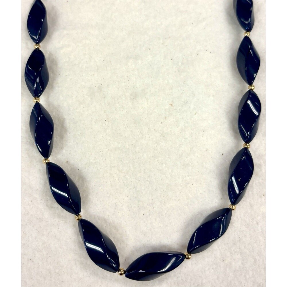 Vintage Trifari Navy Blue Twisted Acrylic Bead Necklace 24” Gold Tone Signed